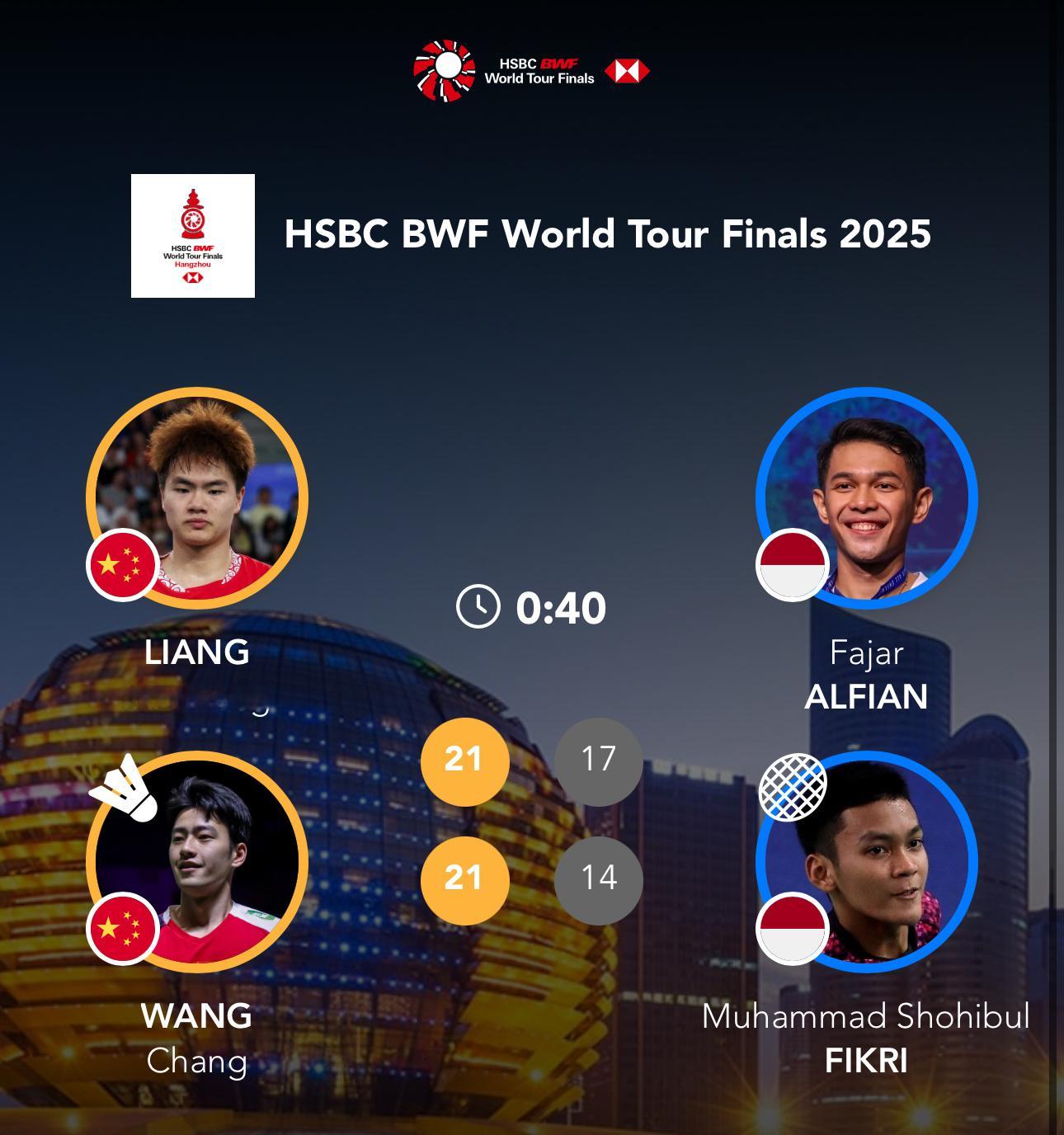 梁王驾到梁王组合 梁王加油  -比赛结果-2025世界羽联年终总决赛小组赛梁伟铿