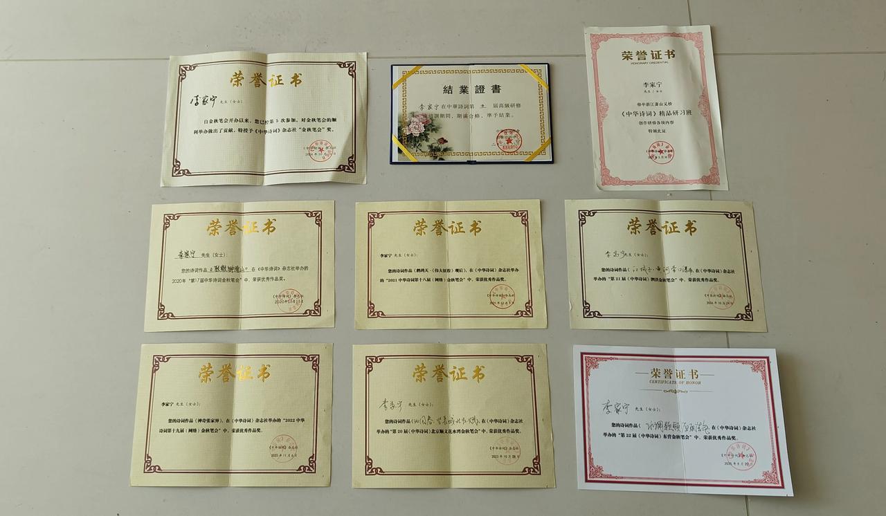 第一张照片：十个证书(四个国家级、四个省级、二个国家级培训结业)

​第二张照片