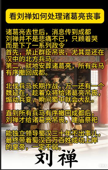 刘禅的执政能力如何?
诸葛亮去世后，消息传到成都
刘禅并不是悲痛不已，只顾着哭