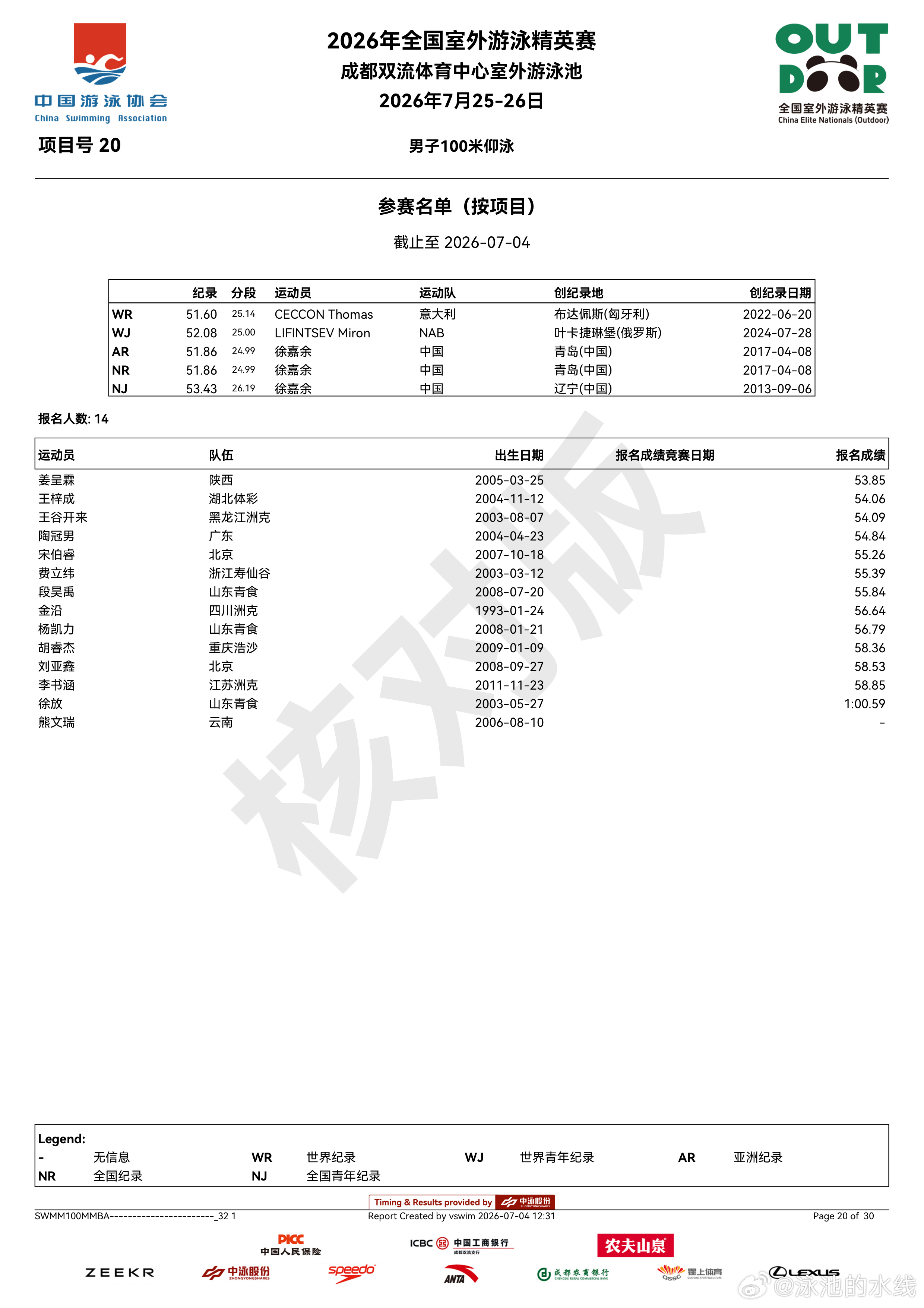 2026年全国室外游泳精英赛 07.26比赛项目参赛名单如下⬇️ 