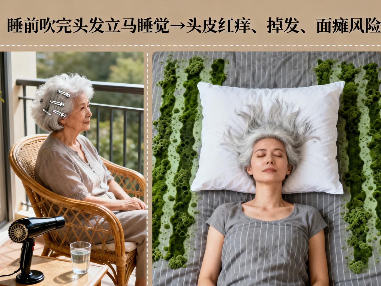 那些你以为很舒服，其实是致命的习惯

1. 睡前吹完头发立马睡觉

◦ 危害：头