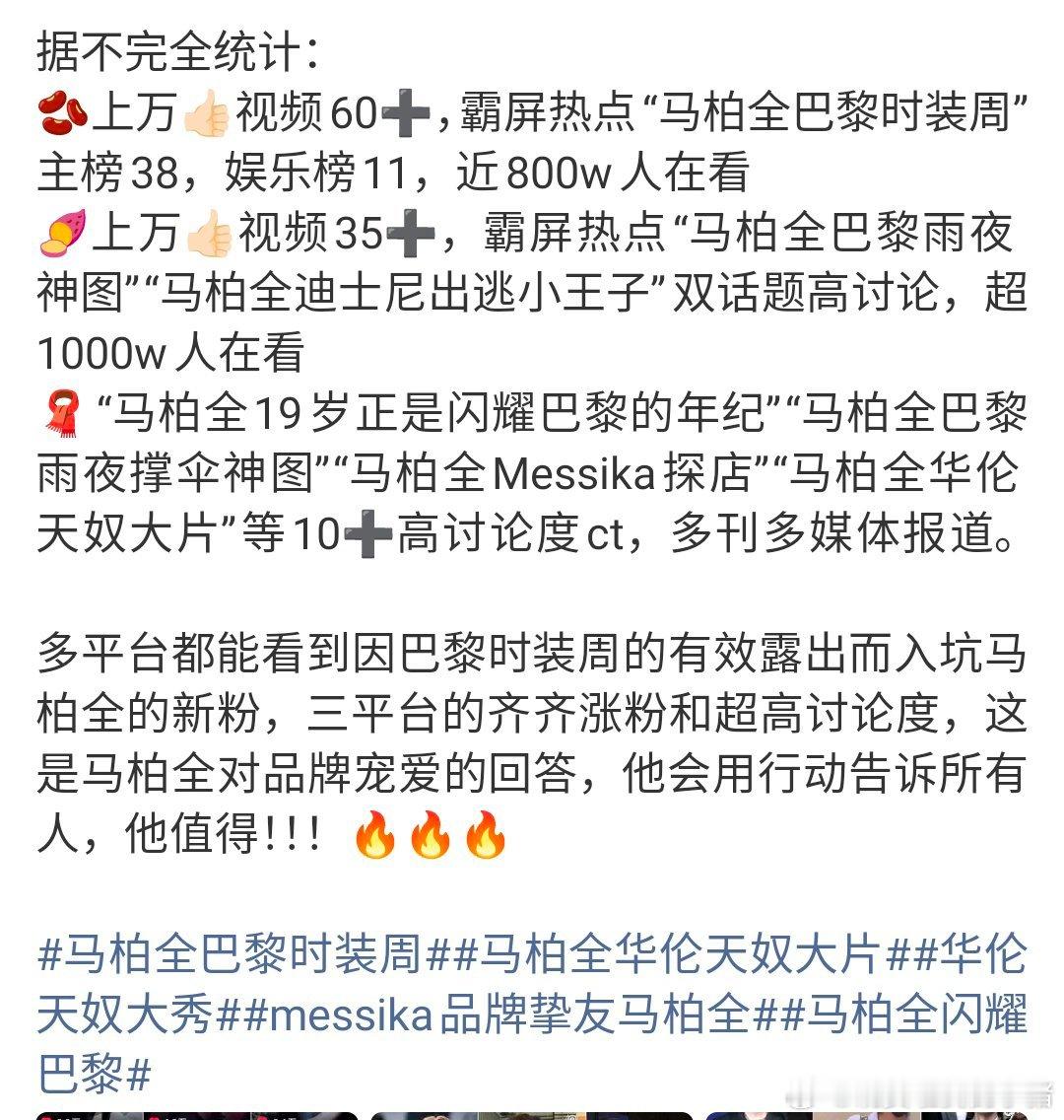 马柏全巴黎时装周有效出圈🈶，三平台齐齐涨粉和拥有超高讨论度，千万视频话题观看，