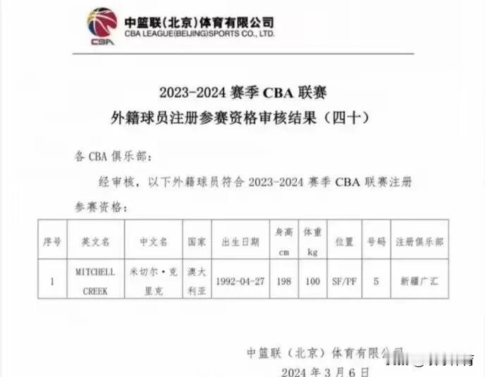 据报道，新疆男篮已经为新外援克里克完成注册，他将代表新疆男篮出战第三阶段的比赛以