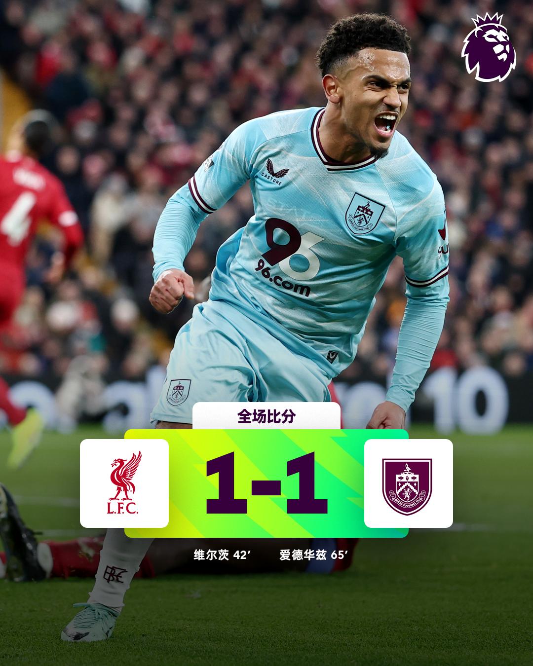 全场比分丨利物浦 1-1 伯恩利
第31分钟，弗洛伦蒂诺禁区内放倒加克波，利物浦