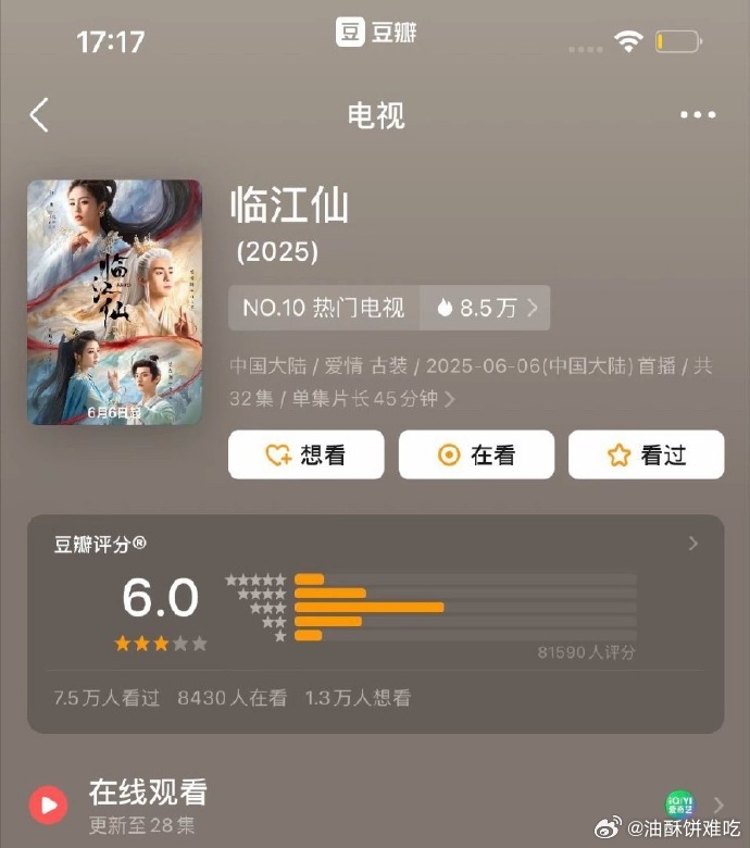 临江仙豆瓣从开分6.1降到6.0了，口碑持续发笑中 ​​​