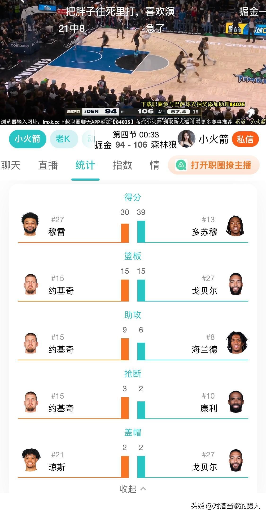 约基奇疲态尽显，被戈贝尔防的没有一点脾气，掘金被残阵森林狼队淘汰只是时间问题。