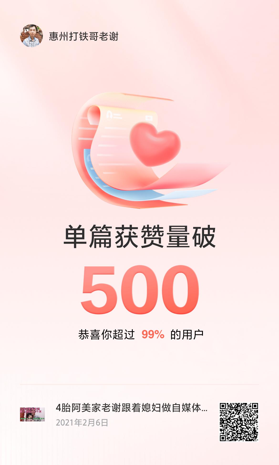 🔥我创作的单篇内容获得超过500赞了！