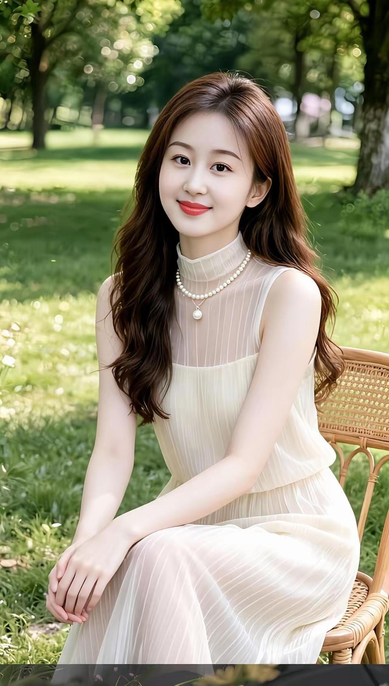 夏日清新穿搭，优雅珍珠项链，公园里的甜美时光。