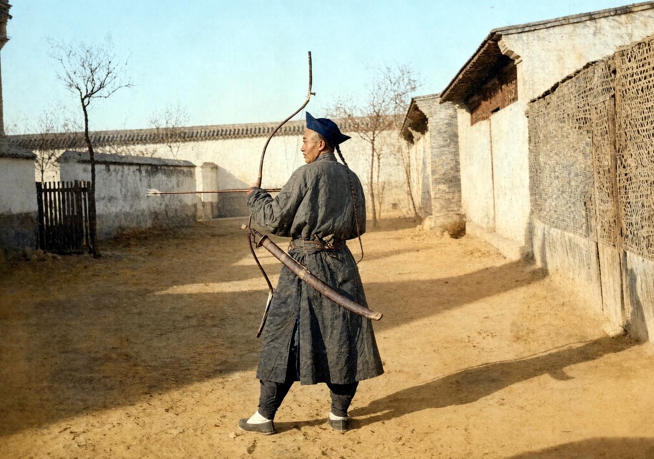 1865年，北京，一名戴清代元宝形的官式暖帽，穿旗人长袍的八旗兵丁，脑后悬着一根