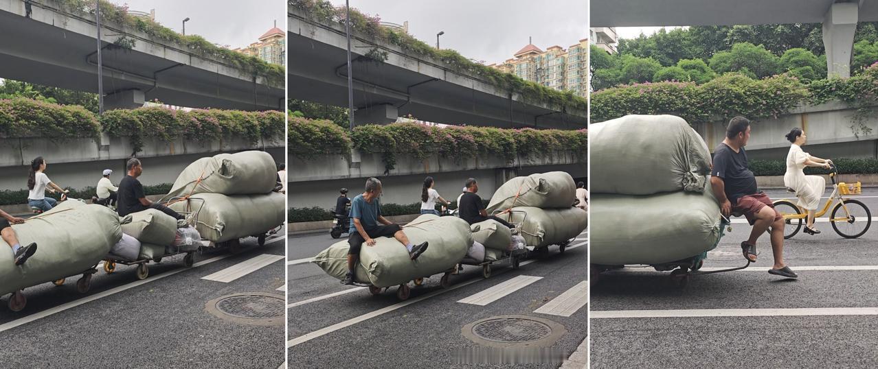 广州街头怪事，“小火车”满街跑。
     这种由手拉板车加装电机改造而成，后方