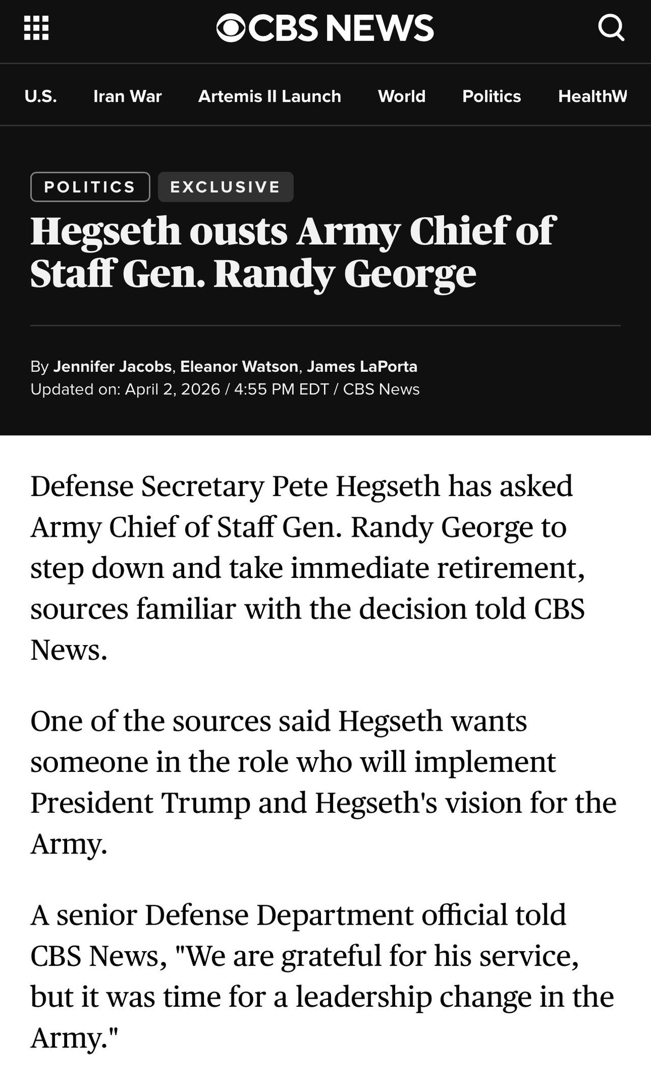 美国战争部部长皮特·赫格塞斯已下令陆军参谋长兰迪·乔治将军辞职并立即退休。据哥伦