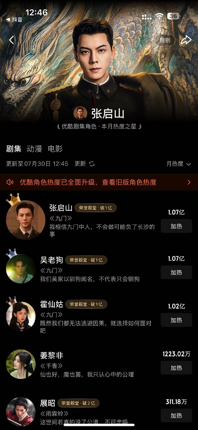 陈伟霆《九门》饰演的张启山，角色热度破亿！ 