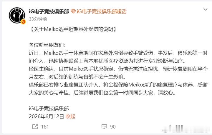 iG回应Meiko摔伤：第一时间介入，会在半个月内恢复！这画面我在Jiejie身