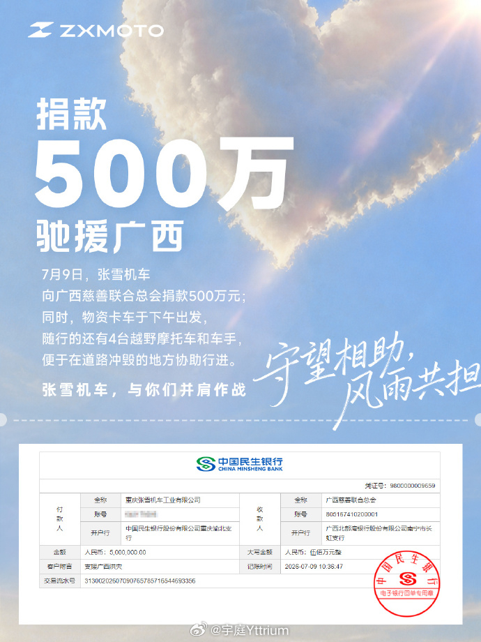 张雪机车为广西捐款500万张雪机车为灾区捐了500万