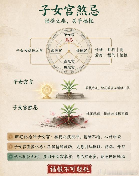 子女宫，乃是福德宫的疾厄宫。福德宫主情绪喜乐、志趣爱好、福报德性。若是子女宫煞忌