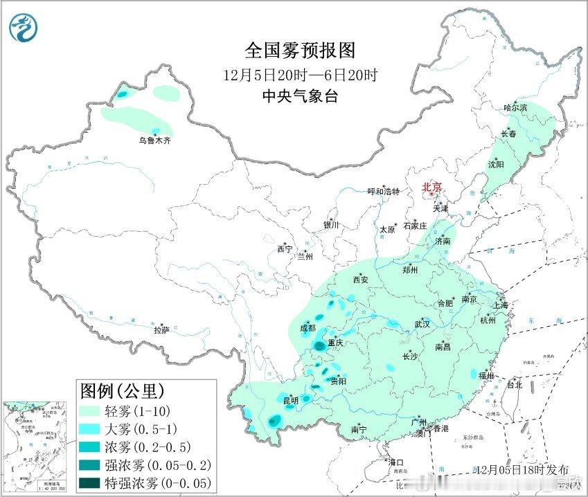 【雾】预计12月5日夜间至6日上午，四川盆地中西部、贵州西部、云南南部有大雾天气