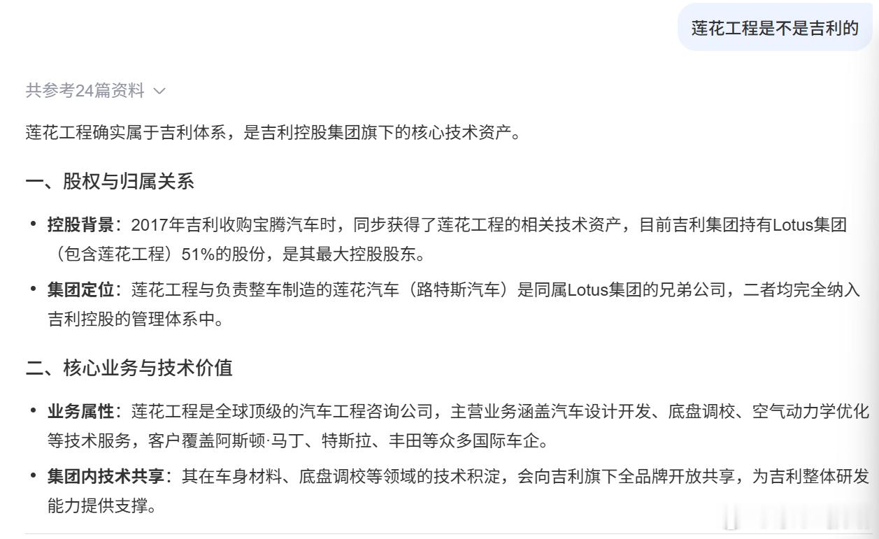 专门问了AI，莲花工程（Lotus Engineering）是不是吉利的？吉利，