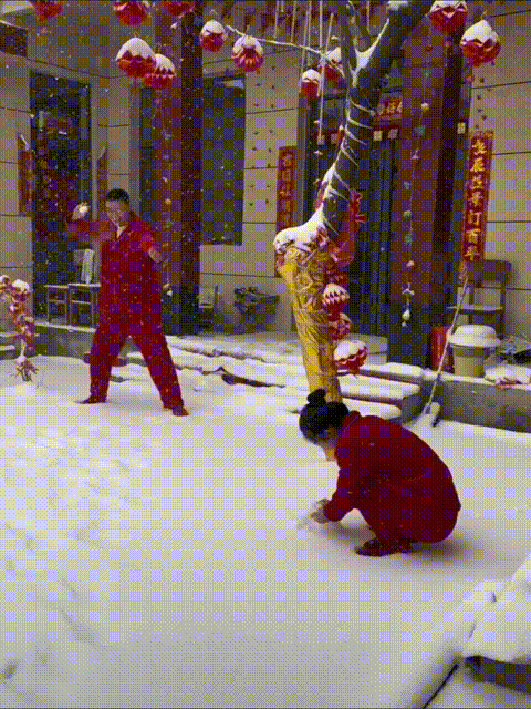 相爱七年终成正果，河北一对新婚夫妻雪地里玩打雪仗，妻子真打，而丈夫只是陪着妻子闹
