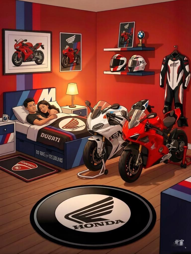 夫妻？不过是两个摩托车瘾君子做着同一个梦！🏍️🖤
这幅插画细节丰富、色彩鲜艳