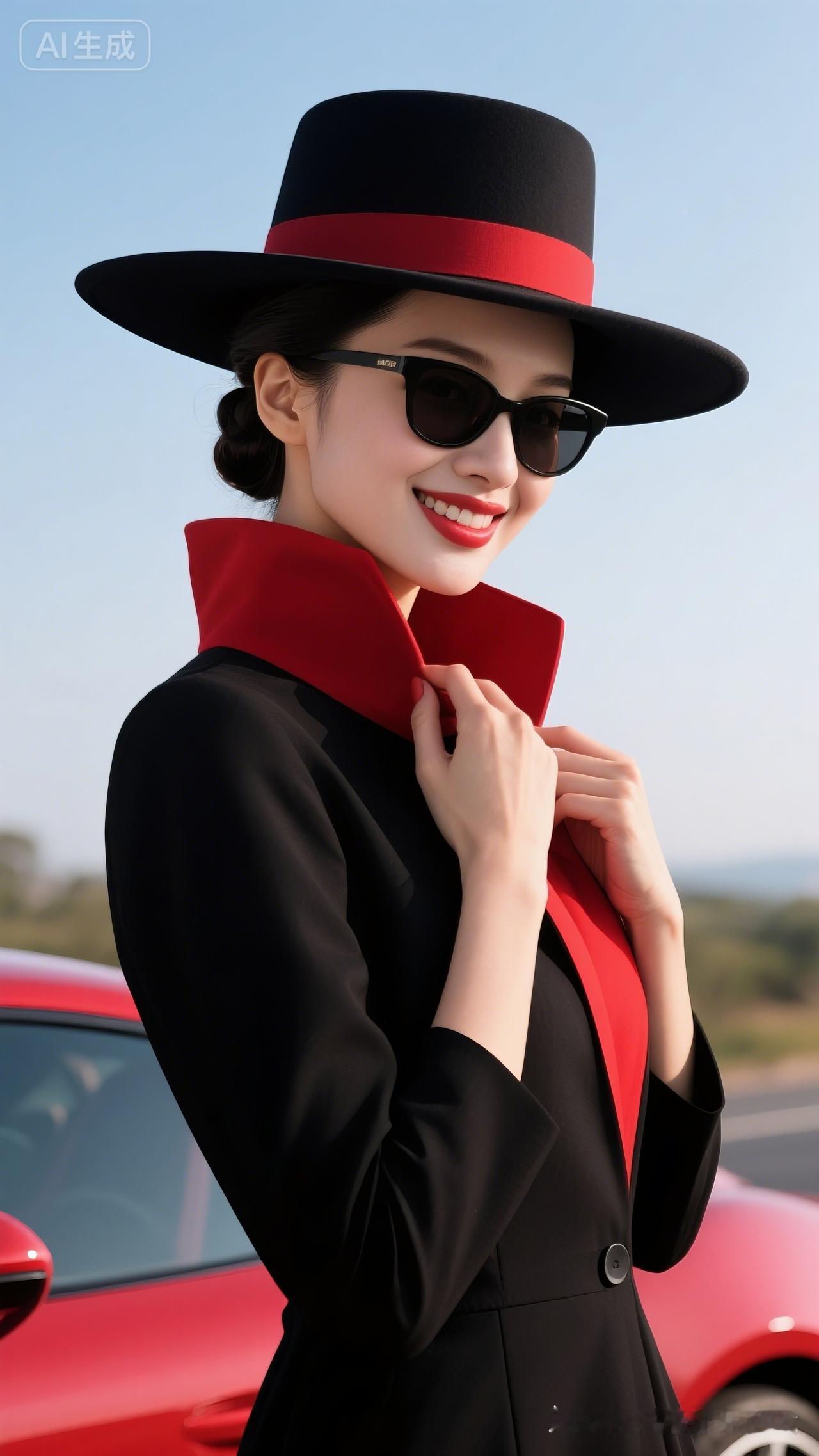 绝色冷白皮美人，盘发配大沿礼帽与墨镜，黑红大领衣，双手扶领歪头埋领回眸笑，背景停