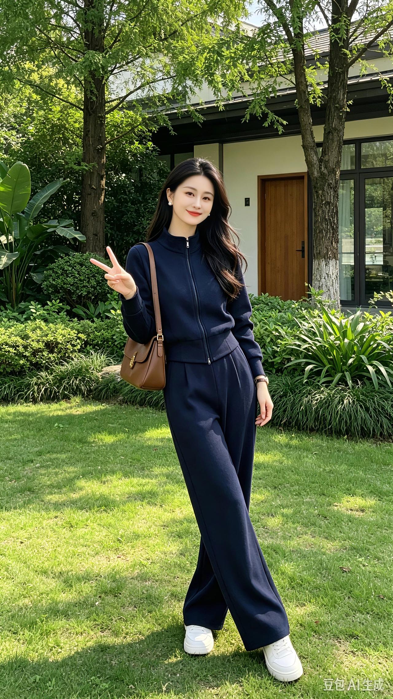 小院晴光，自在舒心
 
绿树青青映暖阳🌿
一身简装韵味长
轻比笑手心情好
闲伴