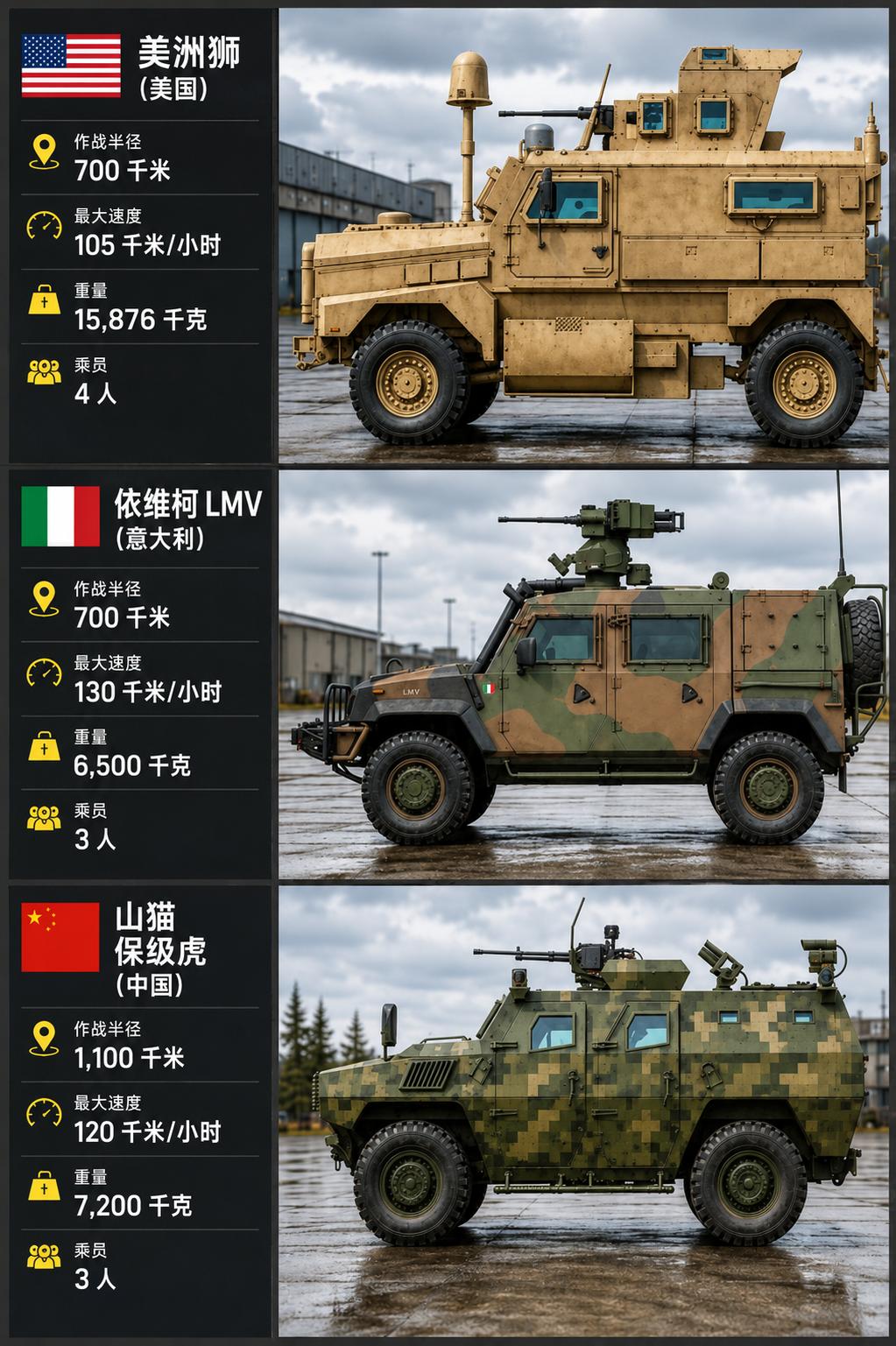 一张图看懂三款主流4×4轻型战术防雷车的硬实力，各有各的看家本领���
 
 美