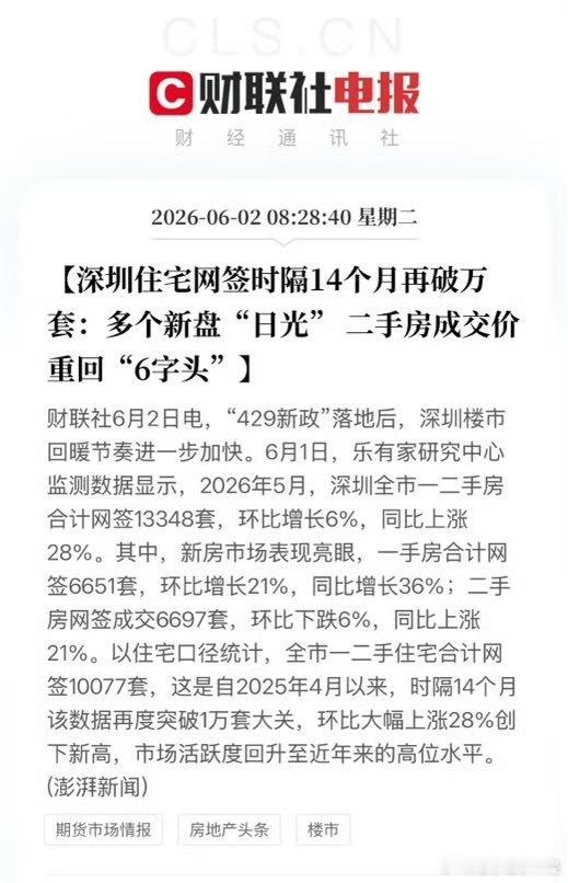 【深圳住宅网签时隔14个月再破万套：多个新盘“日光” 二手房成交价重回“6字头”