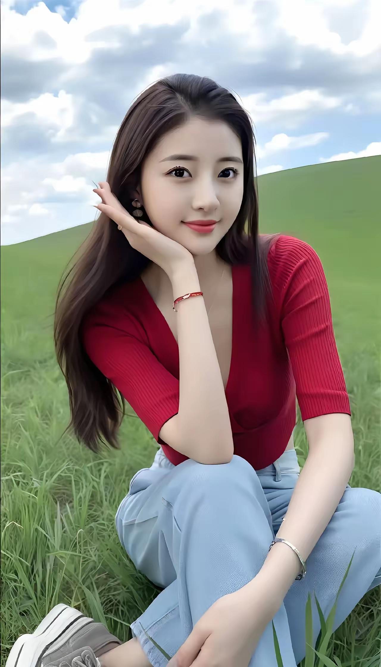 阳光下的甜美少女，红衣蓝裤，草地上悠然自得。
