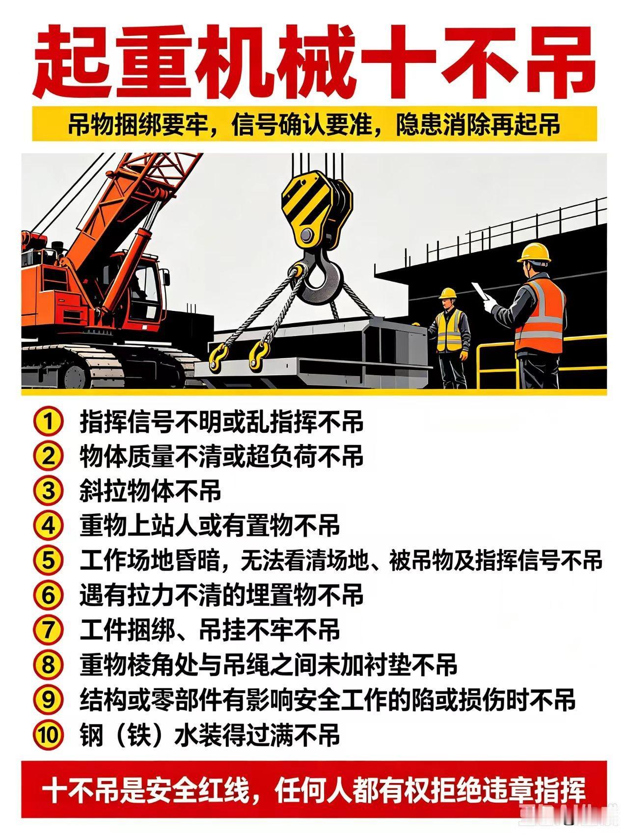 起重机械"十不吊"
①指挥信号不明或乱指挥不吊；
②物体质量不清或超负荷不吊；
