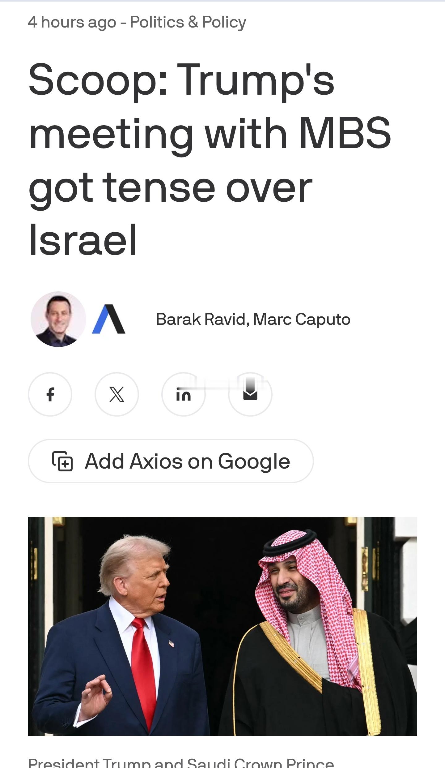 据Axios报道，上周，特朗普与沙特王储穆罕默德·本·萨勒曼的会面，因讨论沙特是