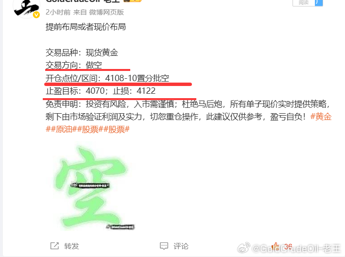 提前布局黄金4110位置空，现报4096位置已有140个点，稳出，减持！加入老王