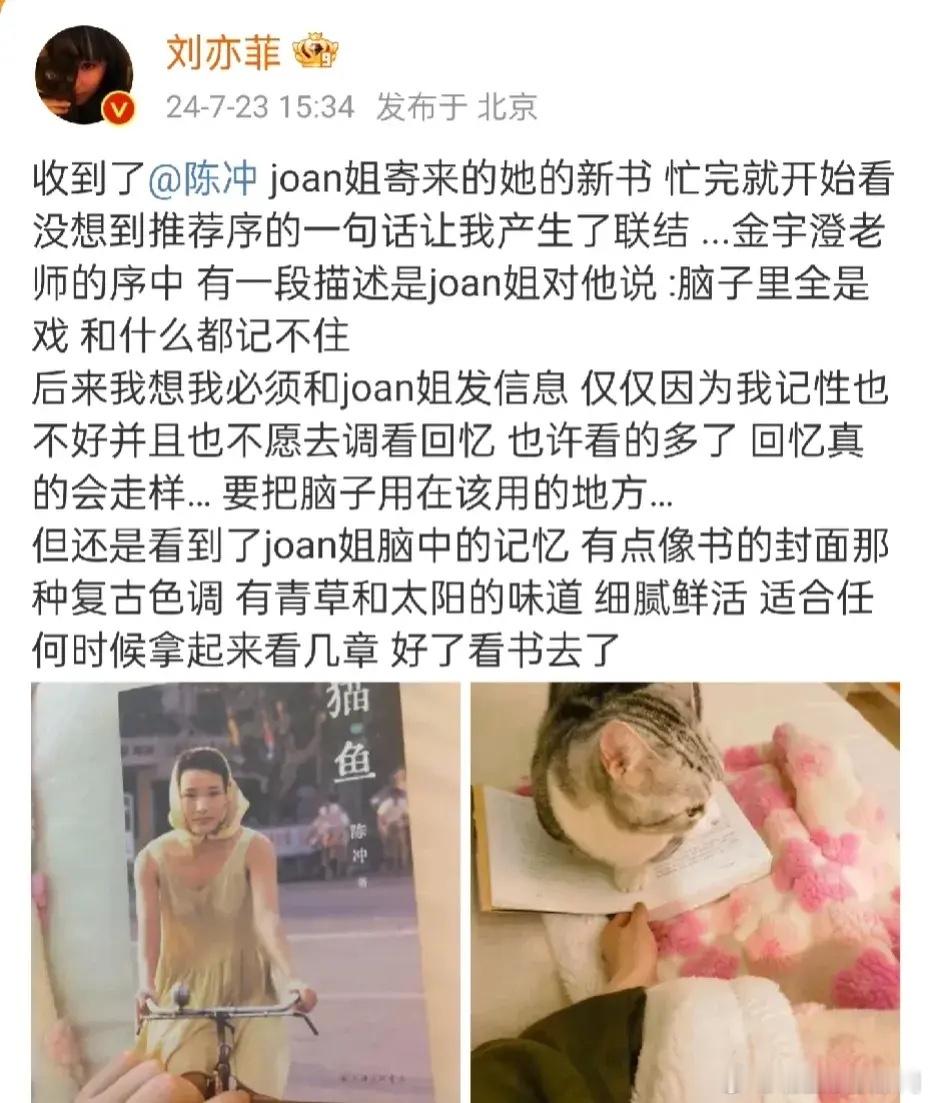 刘亦菲收到了陈冲的新书。不知道这本《猫鱼》会不会影视化。网传两人接下来有会有合作