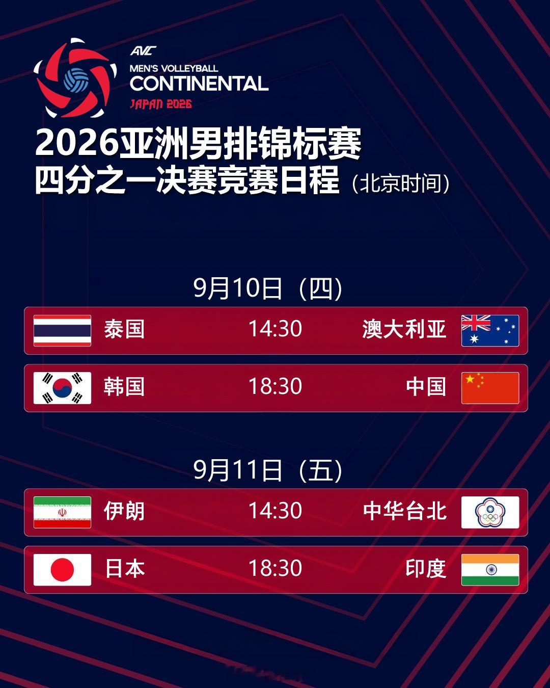 2026男排亚锦赛 今明两天进行四分之一决赛，竞赛日程如下（北京时间）：9月10