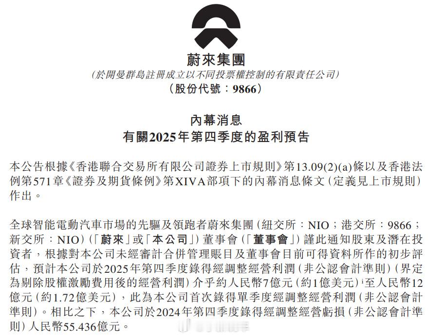 蔚来正式官宣：盈利！历史性突破蔚来四季度首次盈利