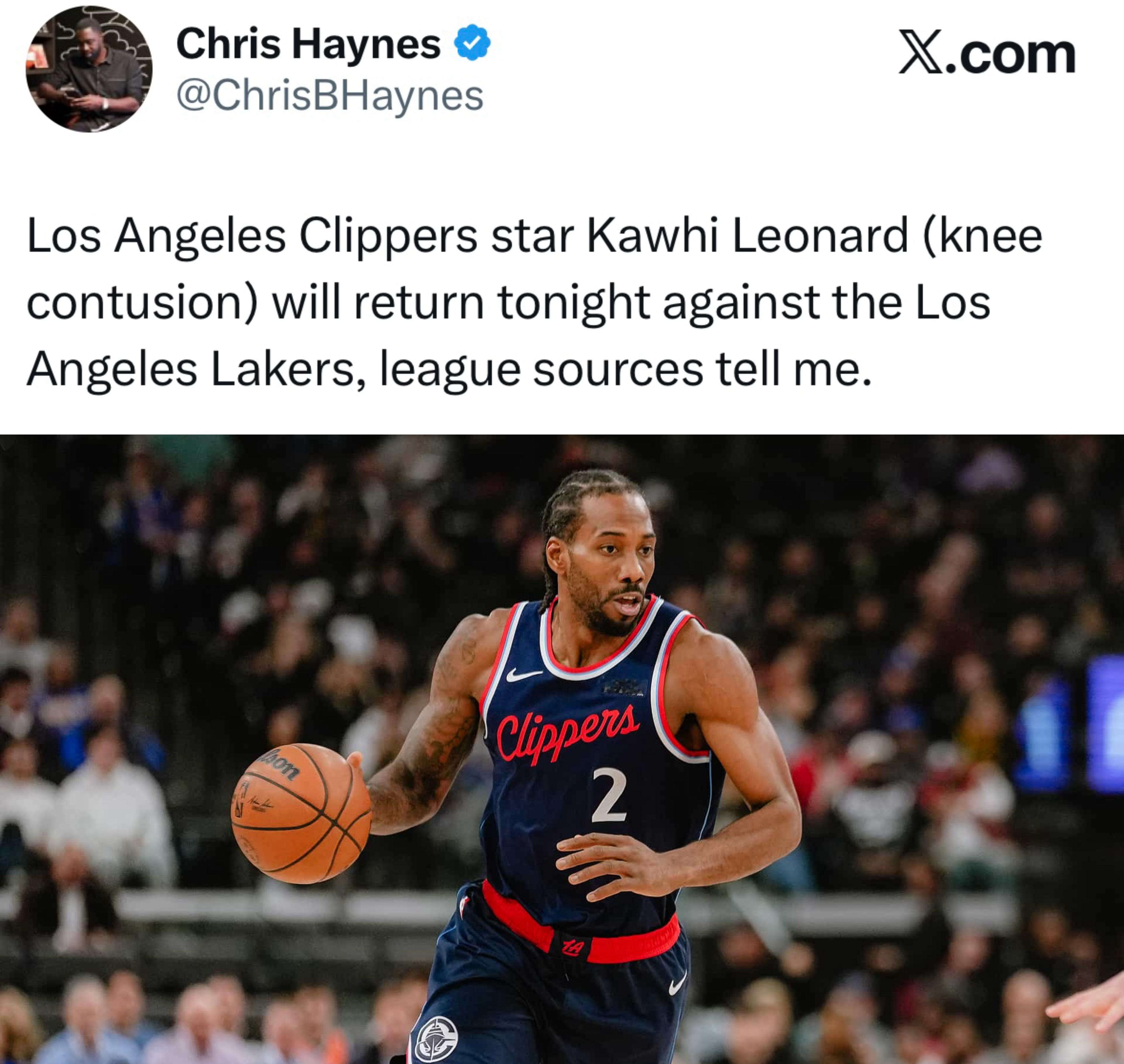 伦纳德复出对阵湖人湖人vs快船