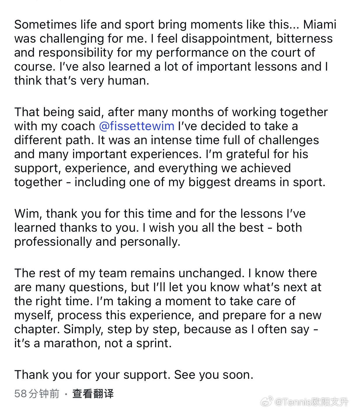 斯瓦泰克与教练结束合作🇵🇱斯瓦泰克发文宣布与费赛特结束合作“有时候，生活和运