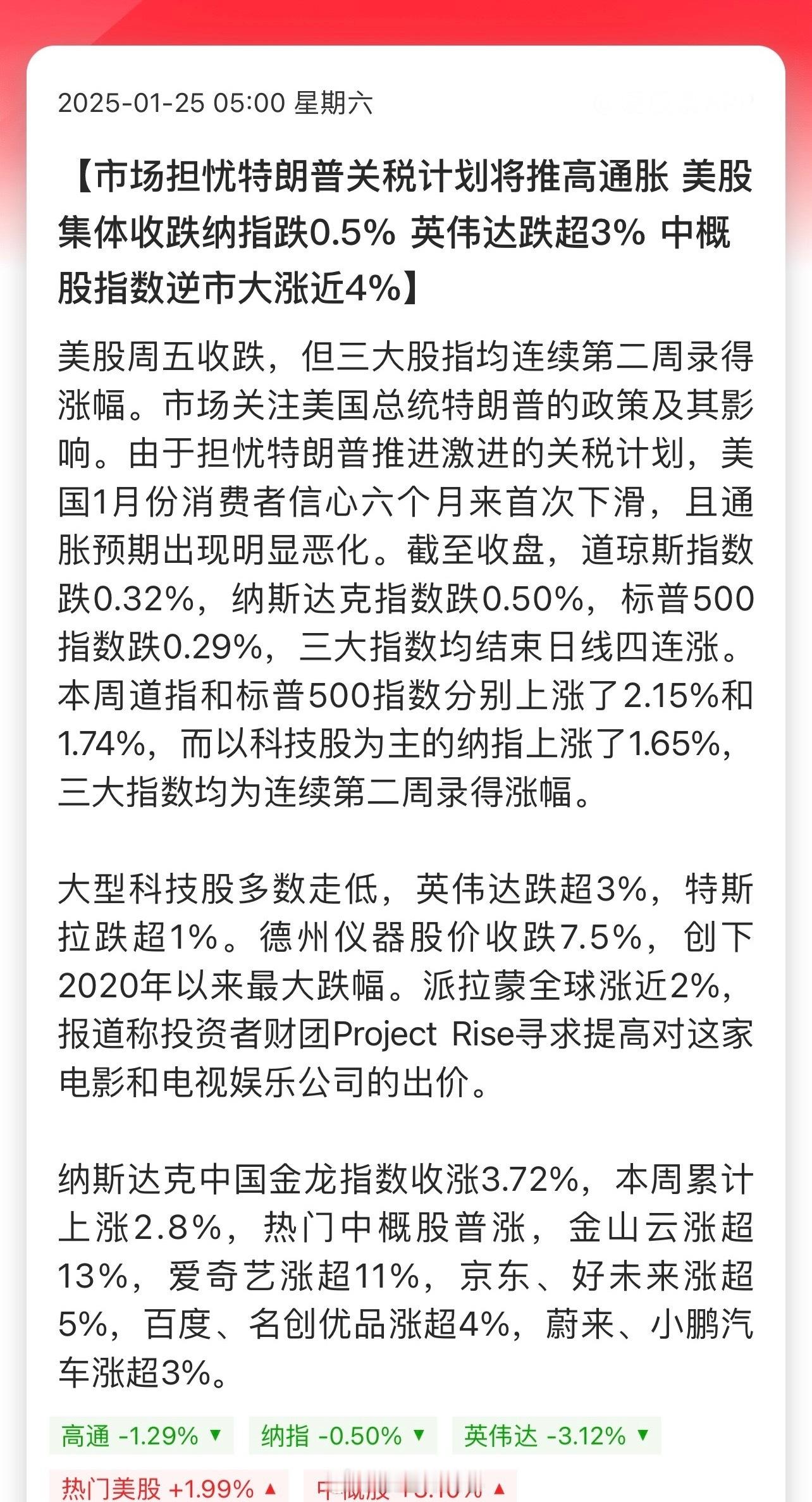 市场担忧特朗普关税计划将推高通胀，美股集体收跌纳指跌0.5% 英伟达跌超3%，中