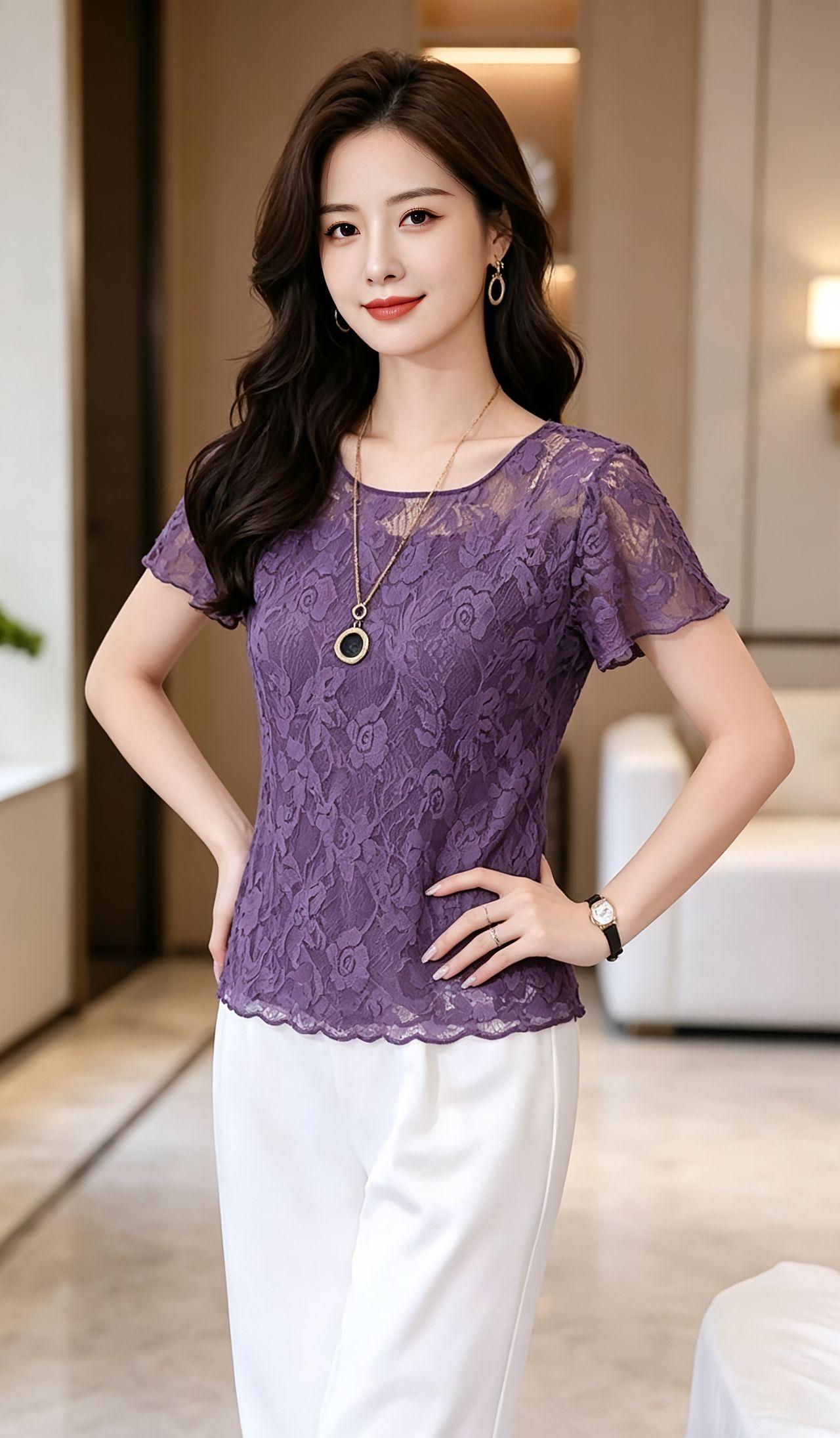 优雅紫色蕾丝上衣，搭配白色长裤，尽显女性魅力！