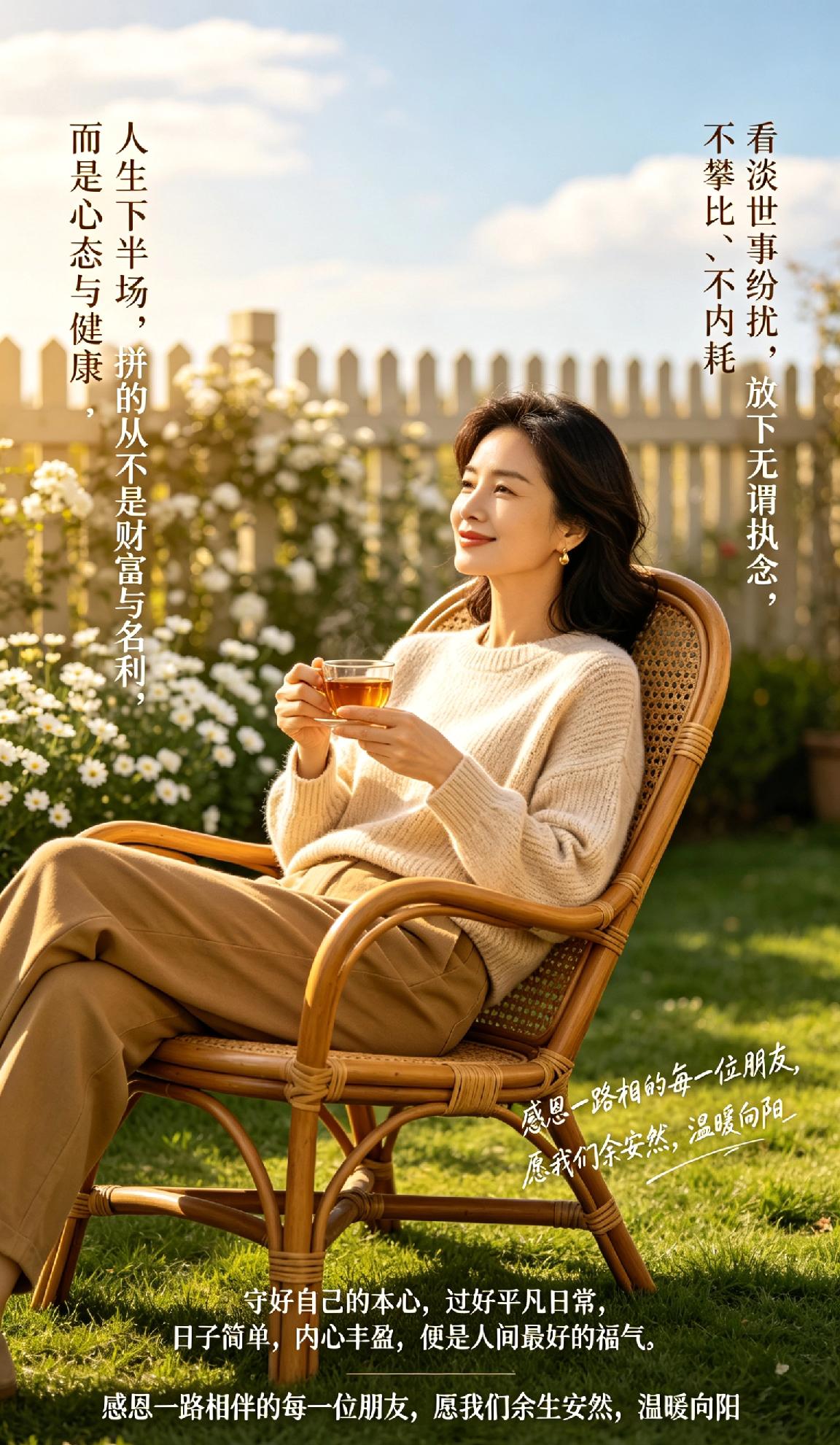 人生下半场，拼的从不是财富与名利，而是心态与健康。看淡世事纷扰，放下无谓执念，不