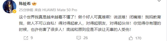  6月7日，陈祉希在社交平台发文疑支持潘粤明隔空反击董洁，其原文如下“这个世界我