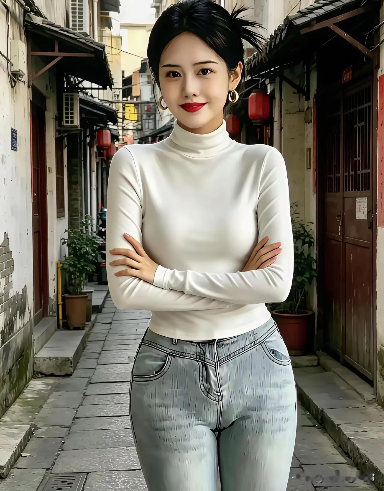 这位女士在老街拍照呢。