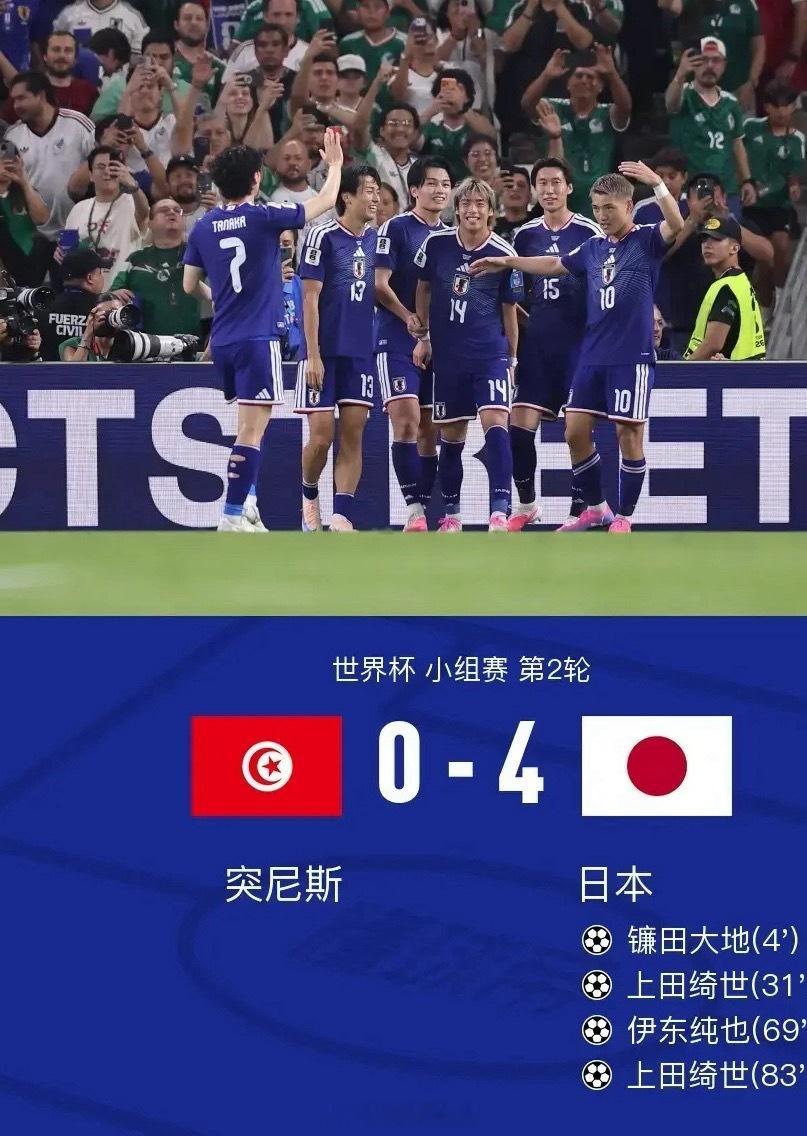日本4-0送突尼斯出局，上田绮世两射一传，镰田大地、伊东纯也建功 