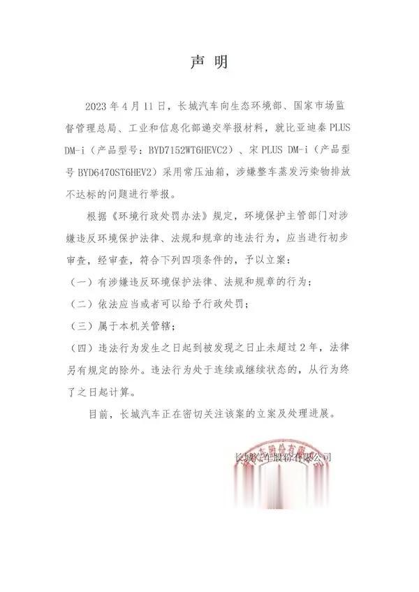 刚刚，长城汽车实名举报比亚迪！
汽车圈的惊天新闻，长城举报比亚迪排放不达标！
涉