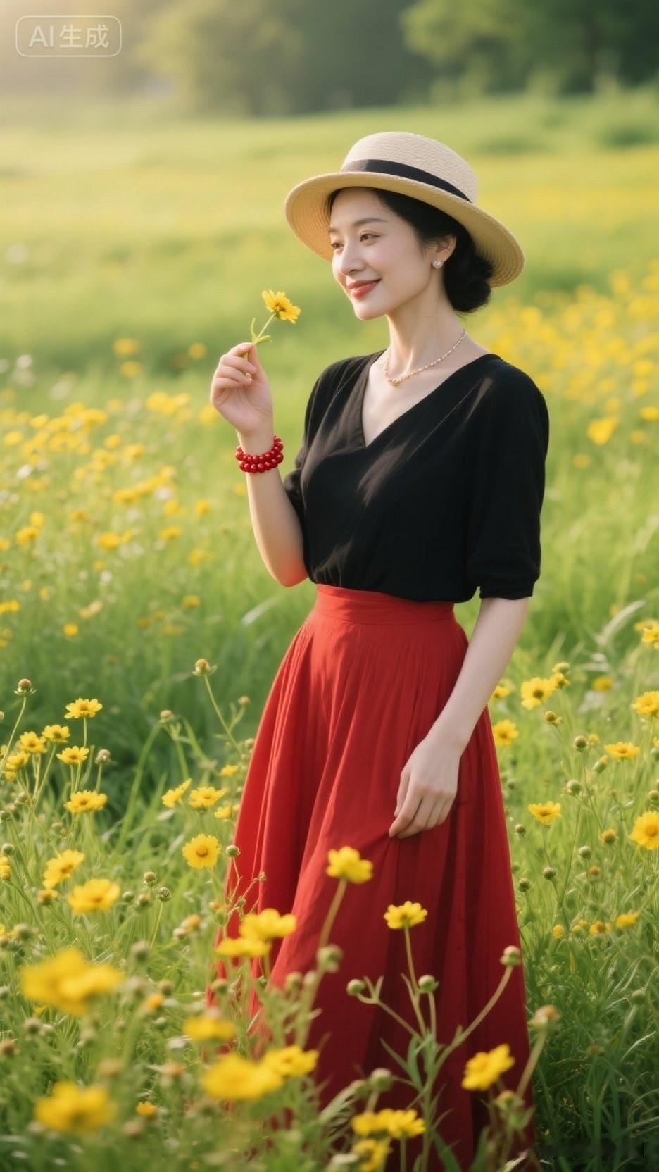 一个女人在花田里微笑，手拿一朵花。