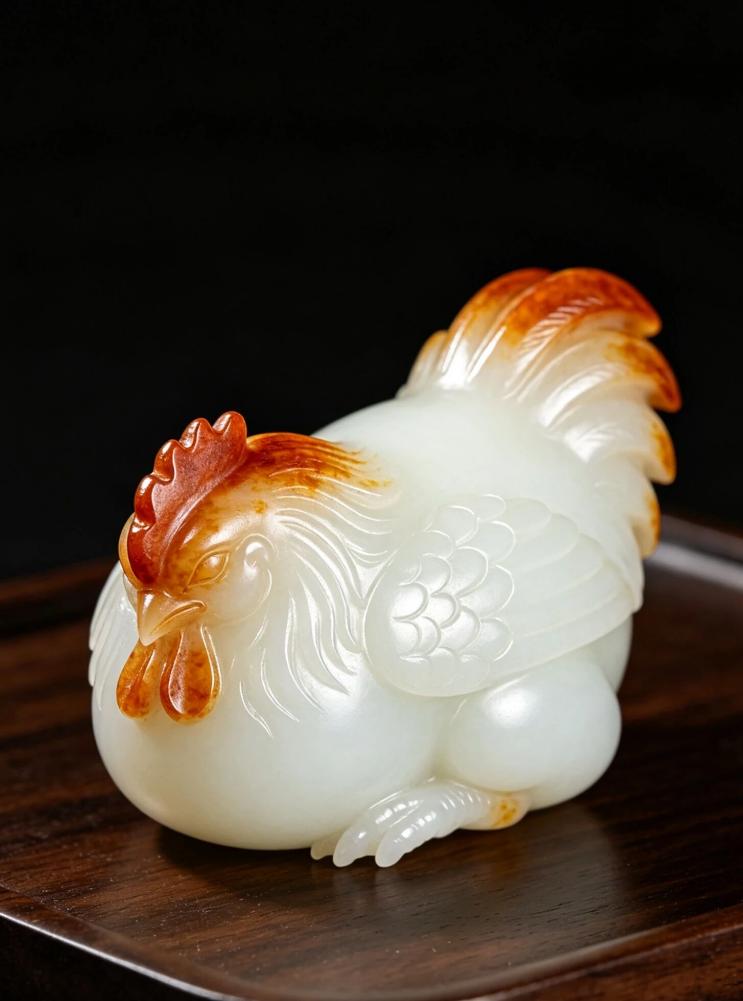 玩和田玉手把件的玉友，大多见过题材讨喜的生肖雕件，这件红皮雄鸡和田籽料把玩件，凭