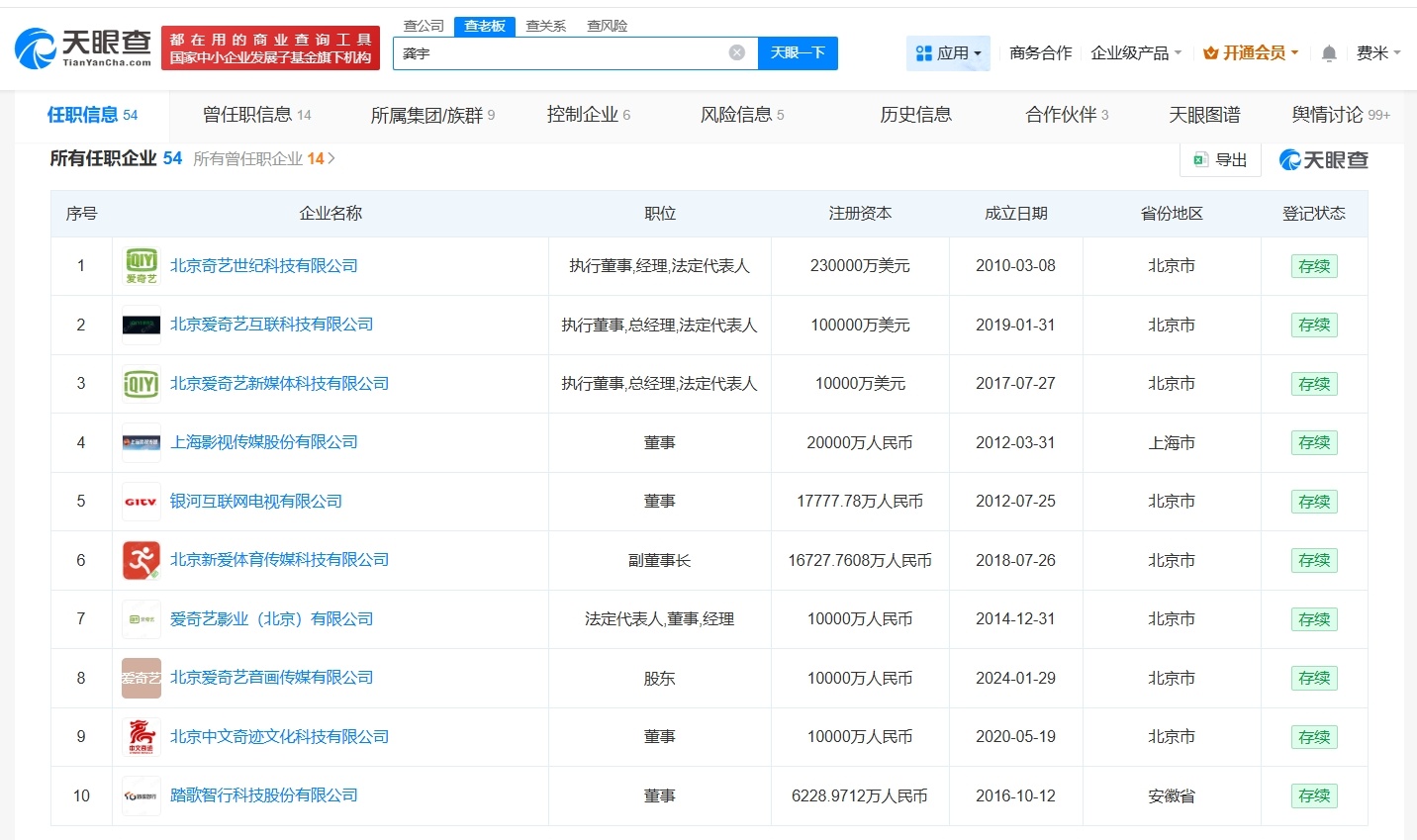 【#爱奇艺CEO龚宇关联50余家企业#】#龚宇关联10余家企业已注销或吊销#  