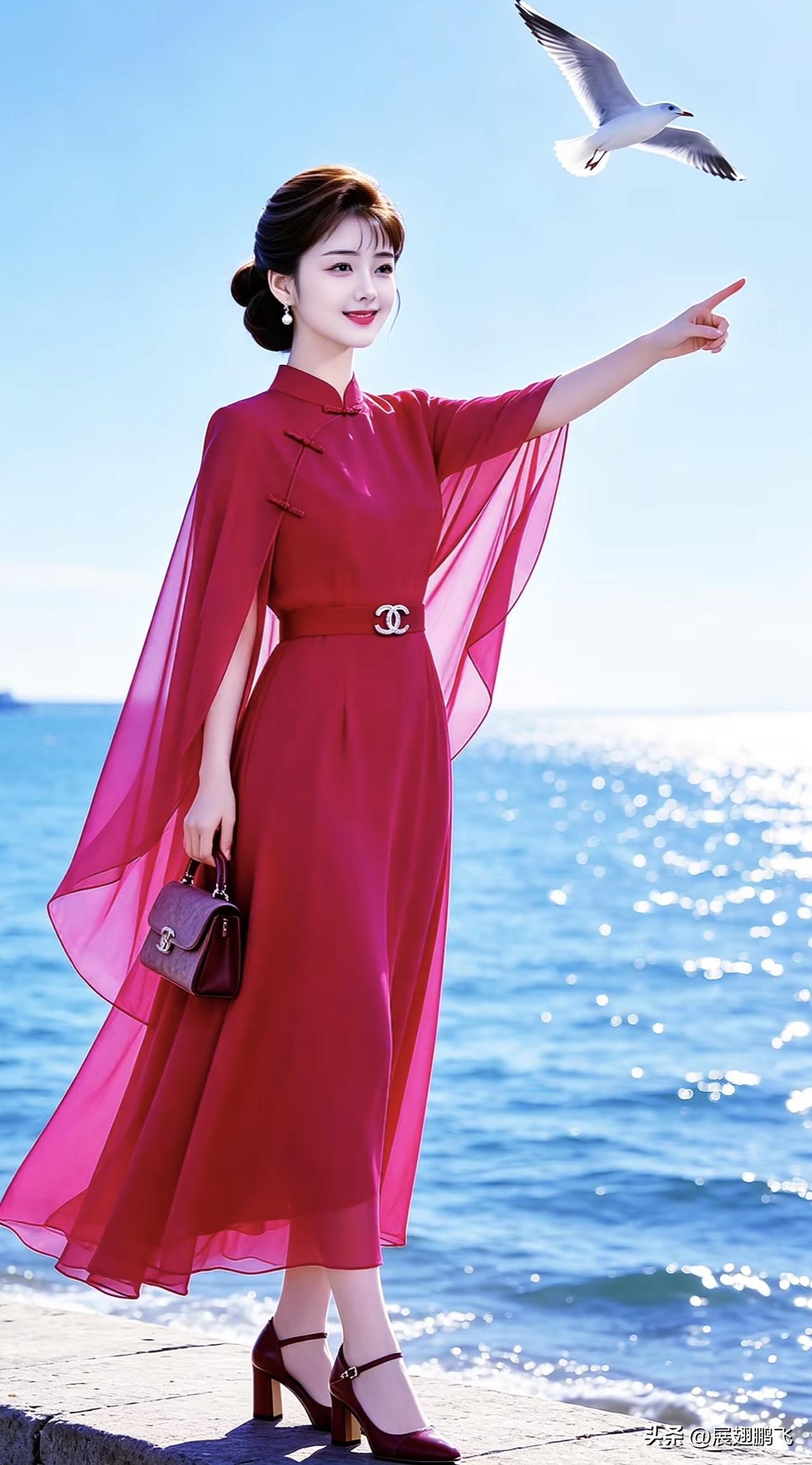 海边红裙少女，优雅指路，海鸥相伴，美不胜收！🌊👗💃海边白裙随拍 沙滩白裙少