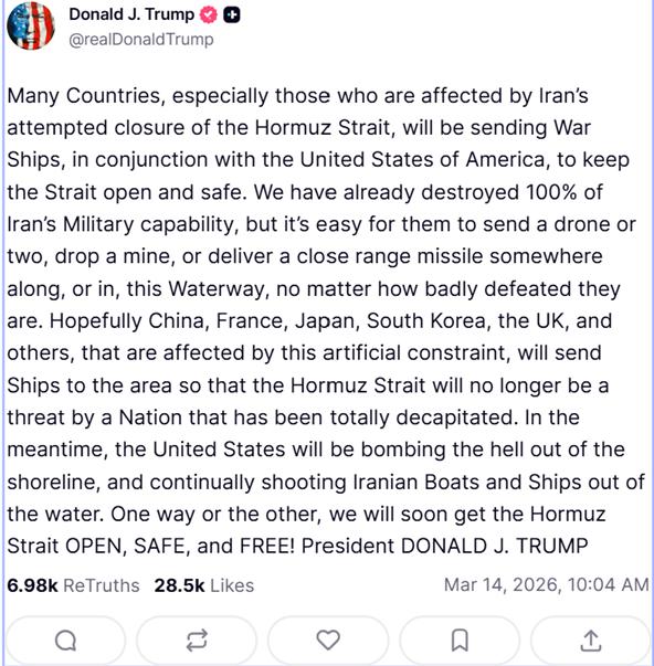 美国总统特朗普3月14日发出号召：许多国家，特别是那些受到伊朗试图封锁霍尔木兹海