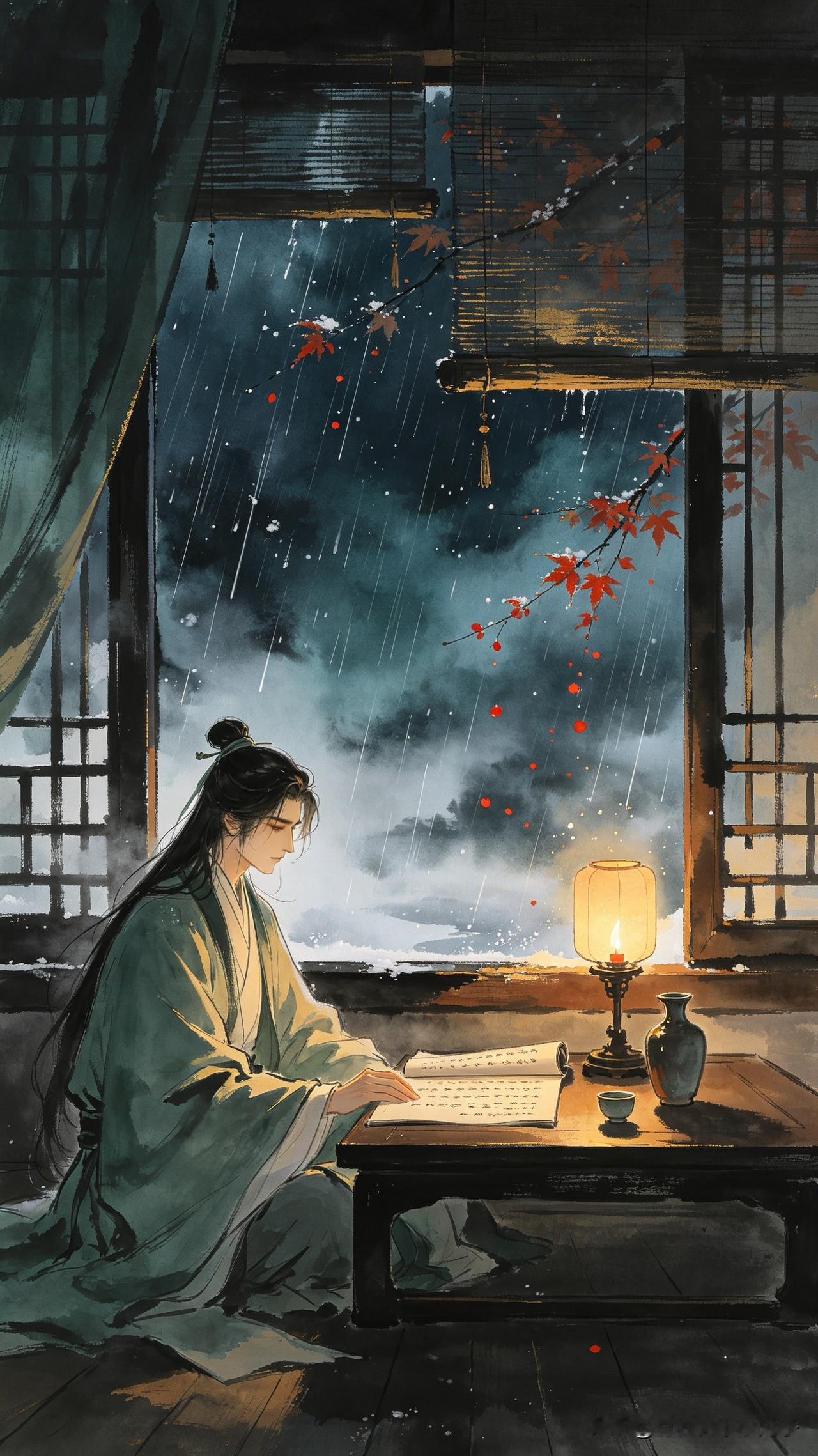 残诗半卷酒樽空，
冷焰灯花落烬红。
独对寒窗更漏永，
    
…………请师友续