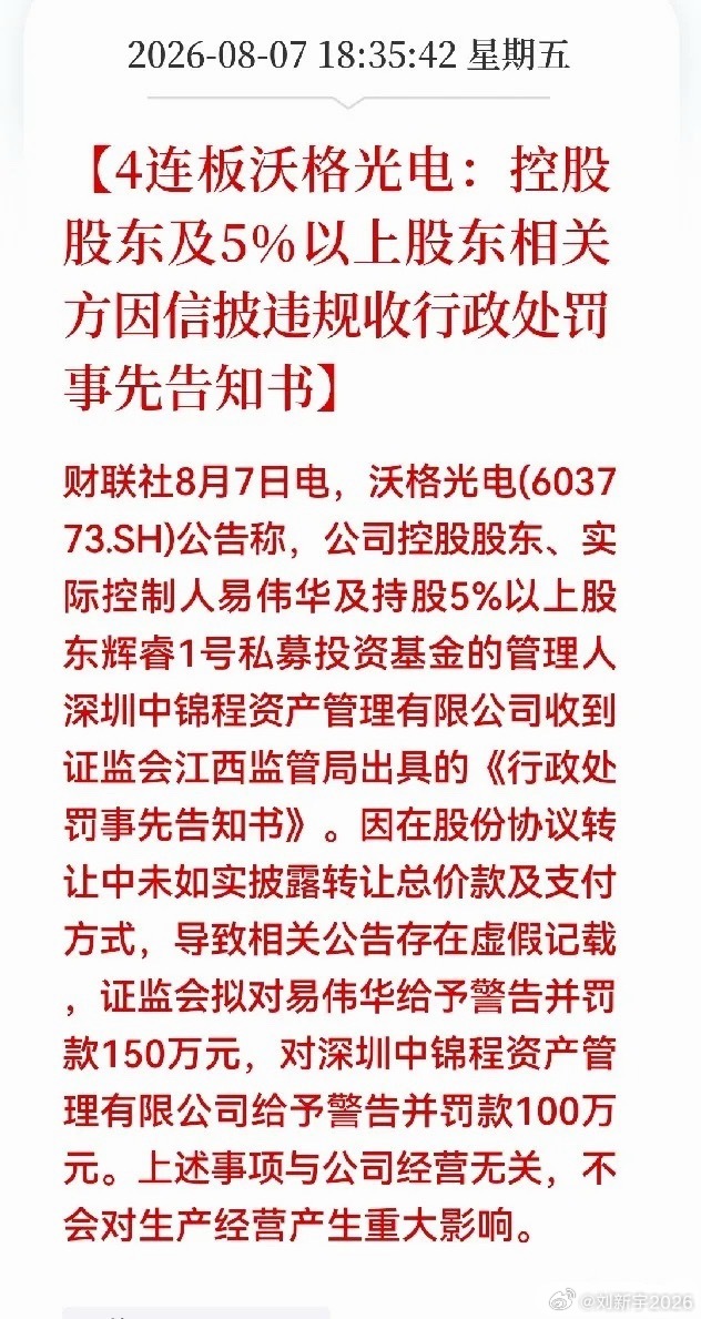 四连板沃格光电：盘后曝出实控人信披处罚，不少持仓股民十分担忧周一行情。被罚主体只
